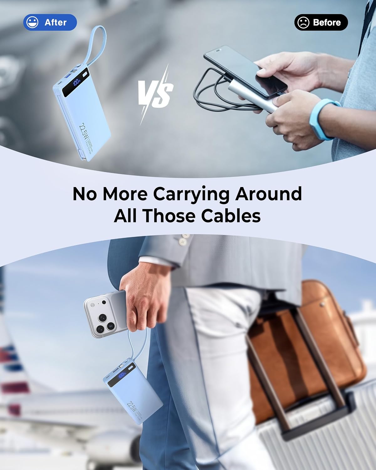 PowerBank con 2 cables incorporados 10000mAh, cargador de viaje por...