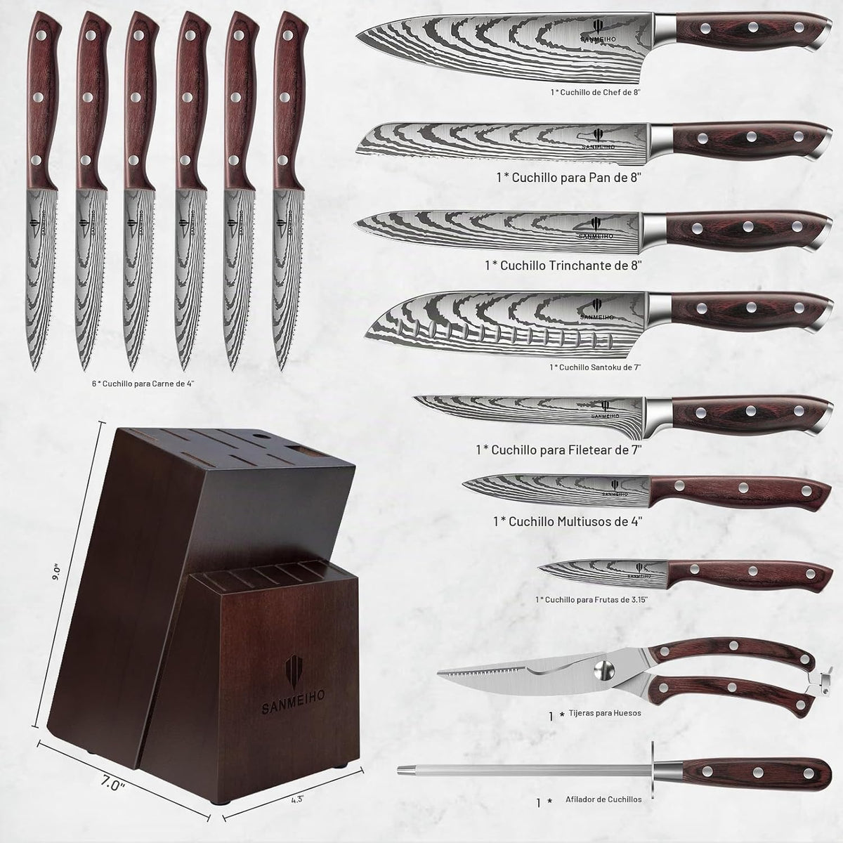 SANMEIHO Juego de cuchillos 16 piezas, cuchillo de cocina japonés c...
