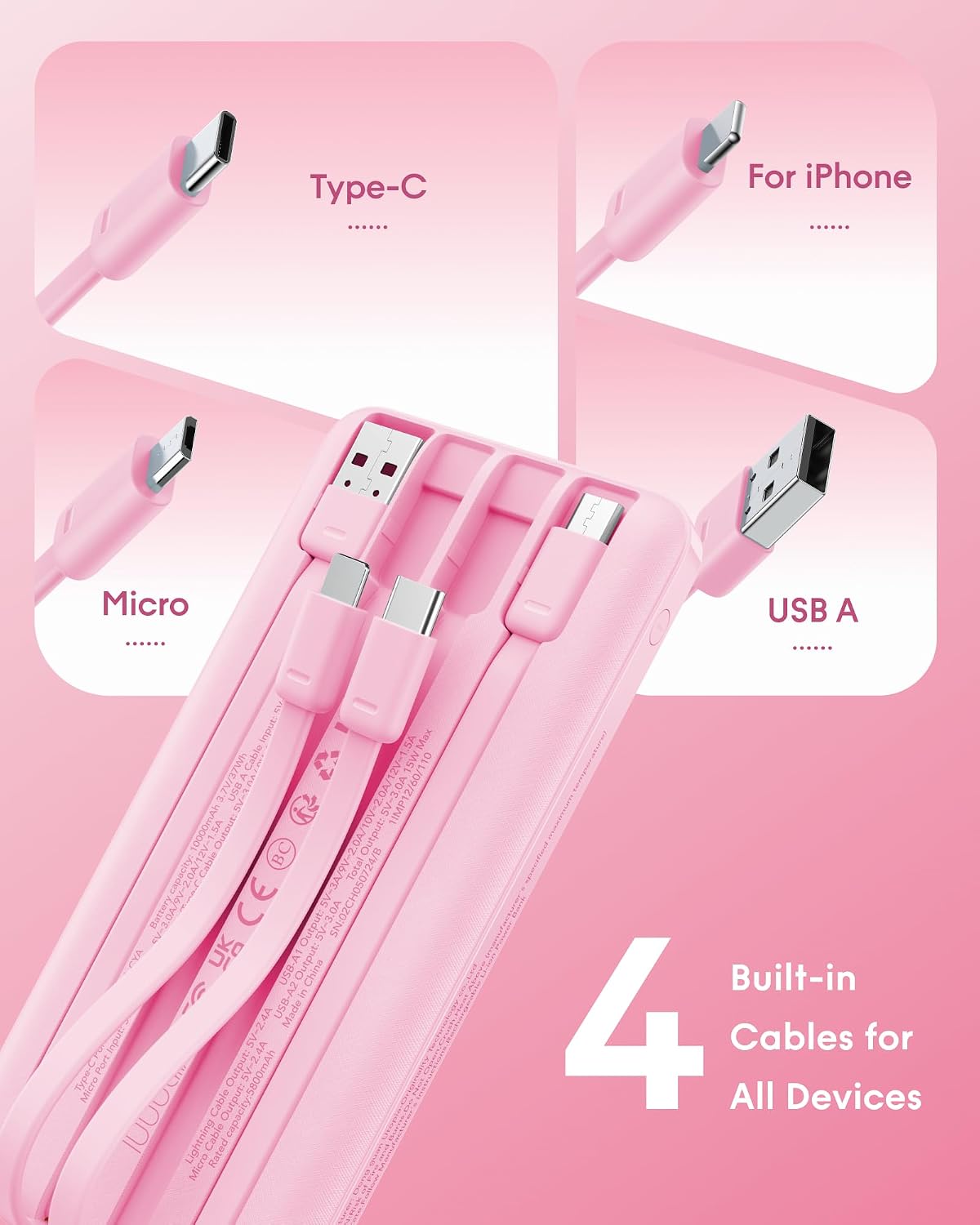 charmast Cargador portátil de carga rápida, 4 cables incorporados,...