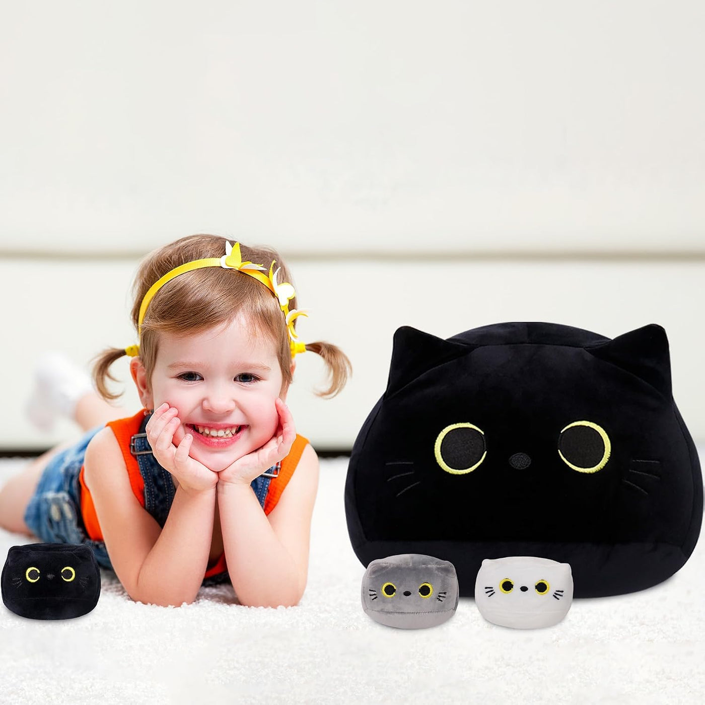 WeBingo Juego de 4 piezas de peluche de gato negro, almohada de pel...