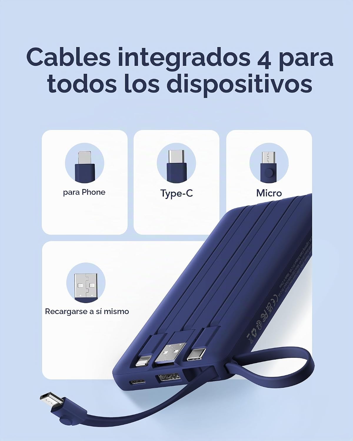 VRURC Cargador portátil, 4 cables integrados y banco de energía con...