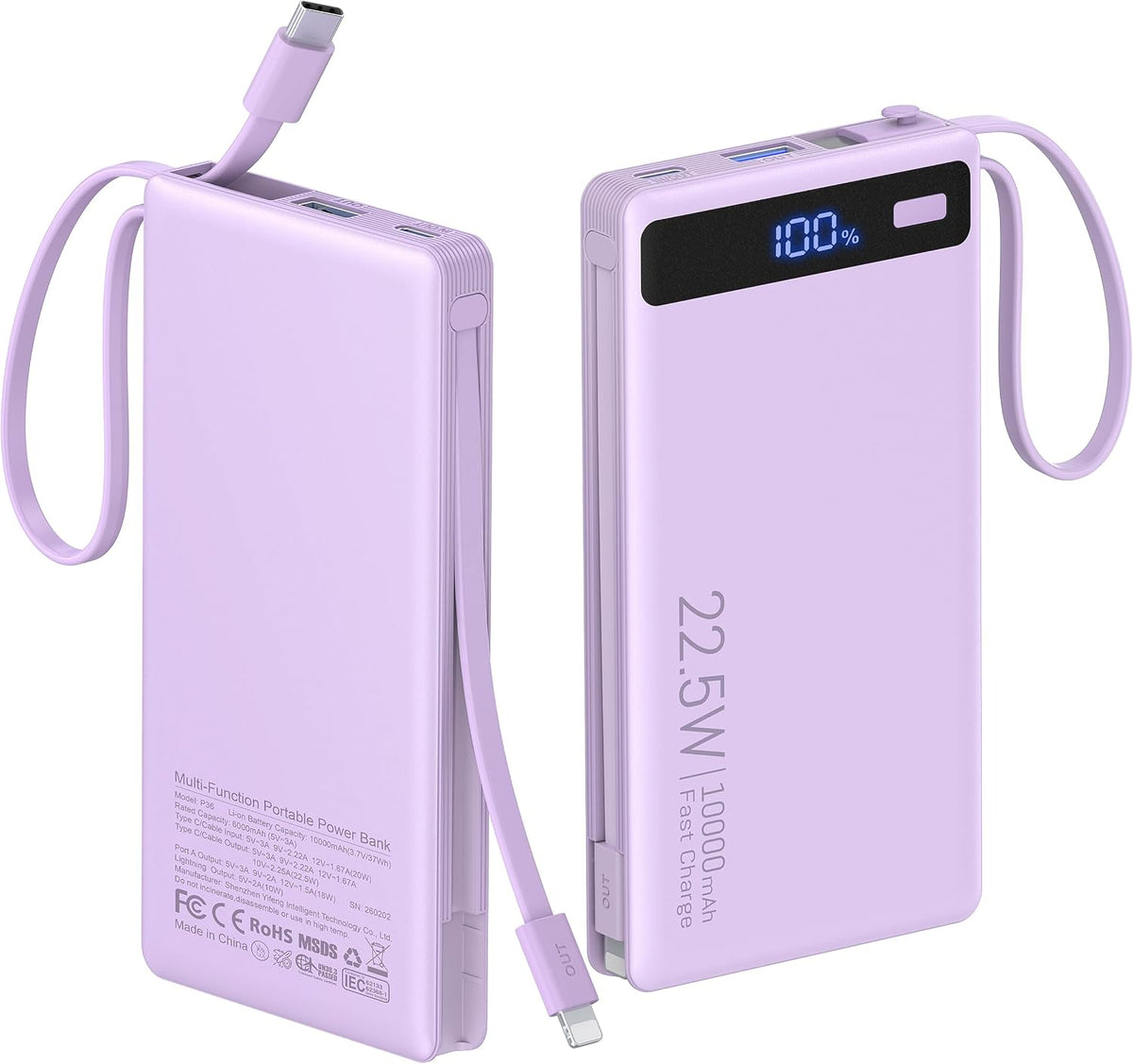 Cargador portátil 10000mAh incorporado 2 cables, 22.5W PD 40% más d...