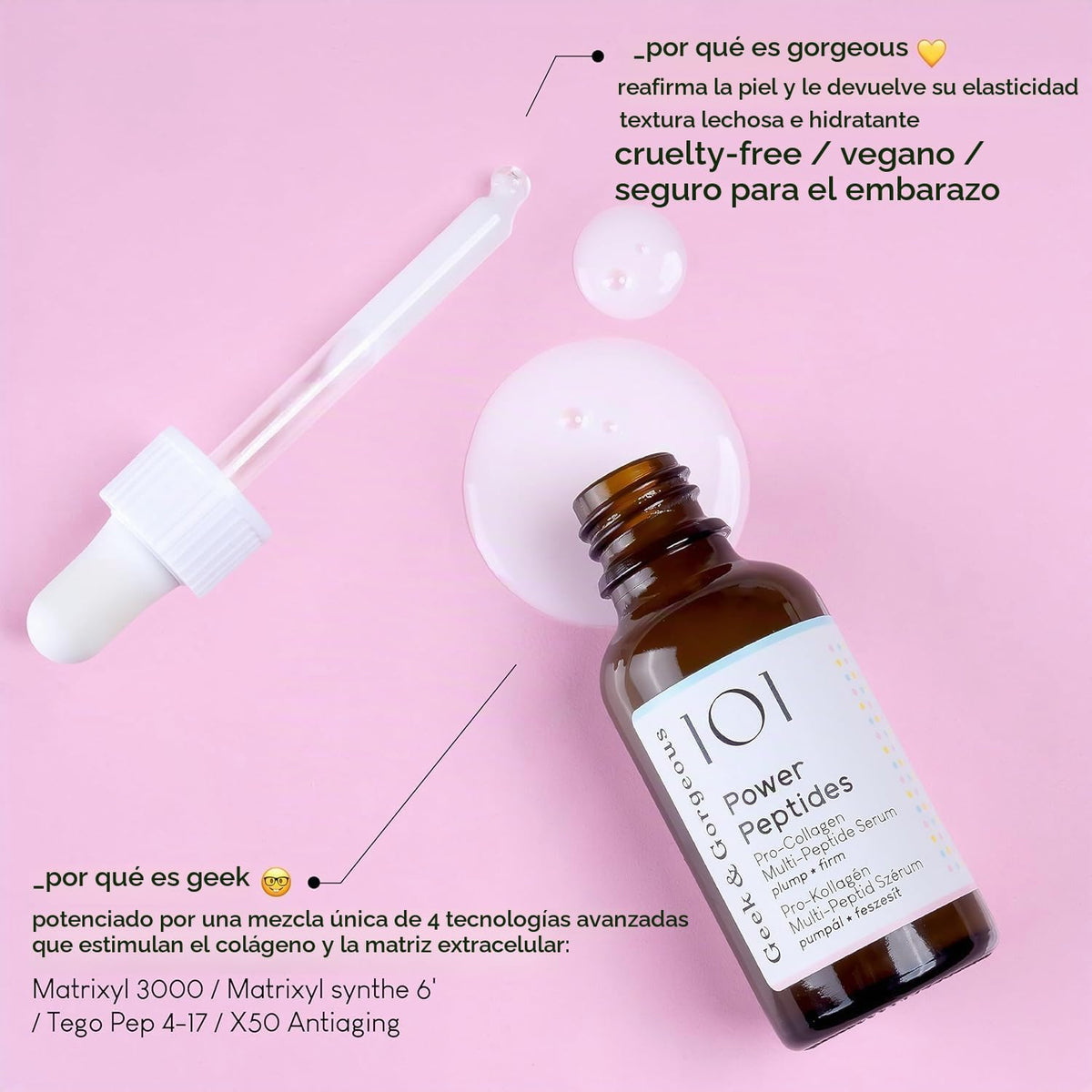 Geek & Gorgeous Power Peptides - Suero lechoso, multipéptido, 1 onz...