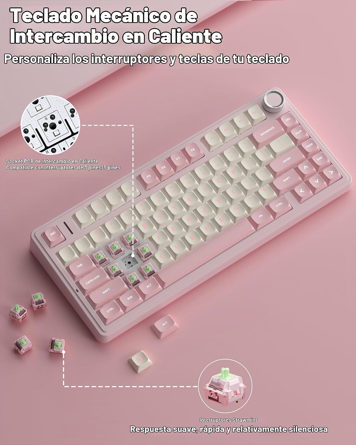 AULA Teclado Mecánico Inalámbrico F75 75%, Teclado Rosa Cremoso Int...