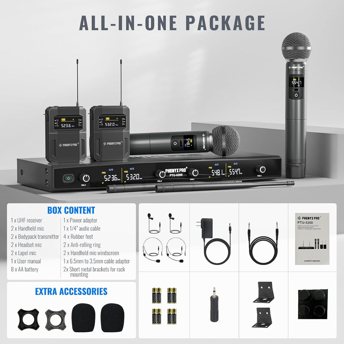 Phenyx Pro Micrófonos inalámbricos de mano/bodypack UHF de 4 canale...