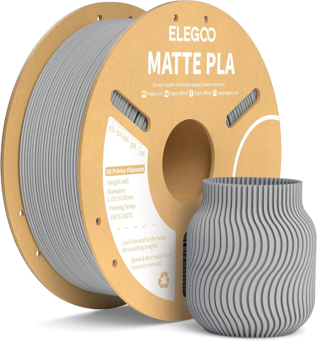 ELEGOO Filamento de impresora 3D PLA mate gris pizarra 2.2 lbs 0.07...
