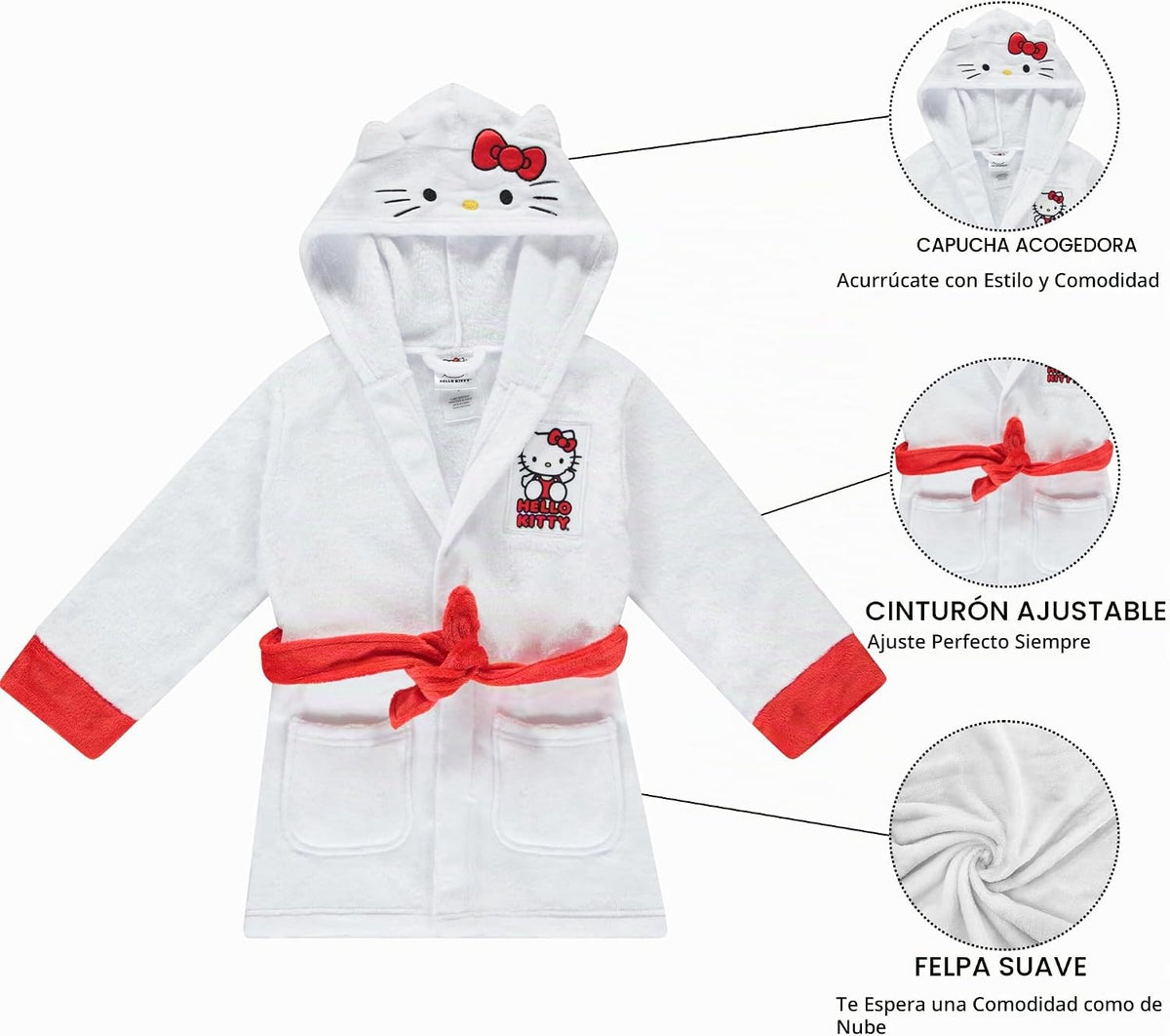 Hello Kitty - Bata de baño con capucha para niñas, forro polar, súp...