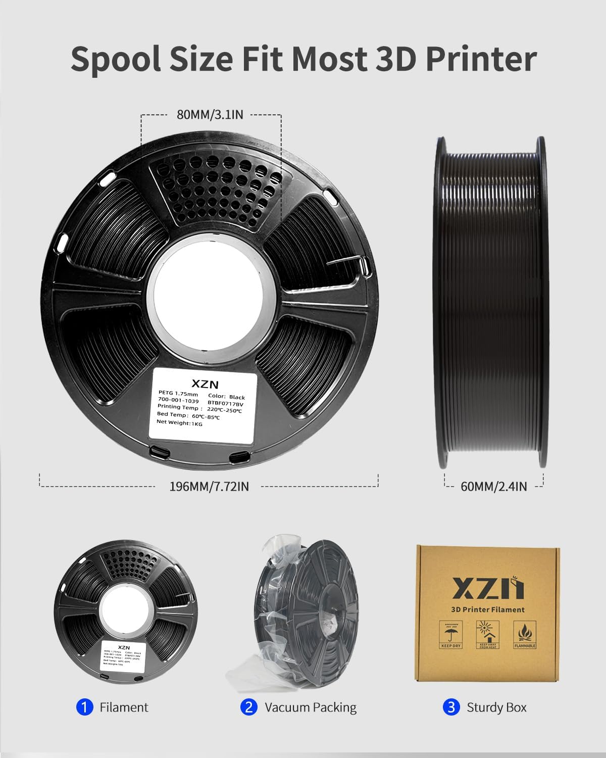 XZN - Filamento PETG negro de 1.75mm para impresora 3D, filamento P...