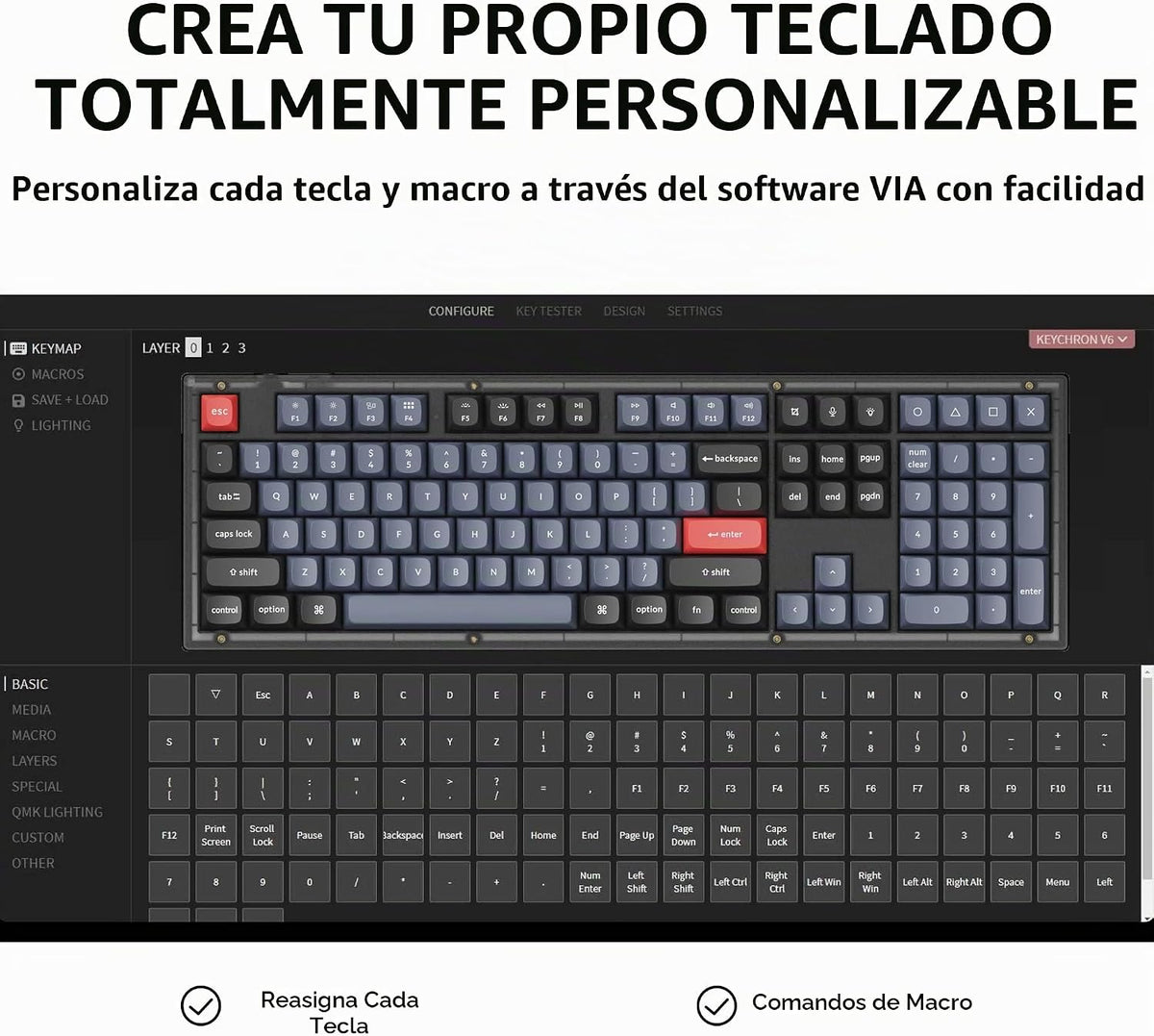 Keychron V6 Teclado mecánico personalizado con cable, macro program...