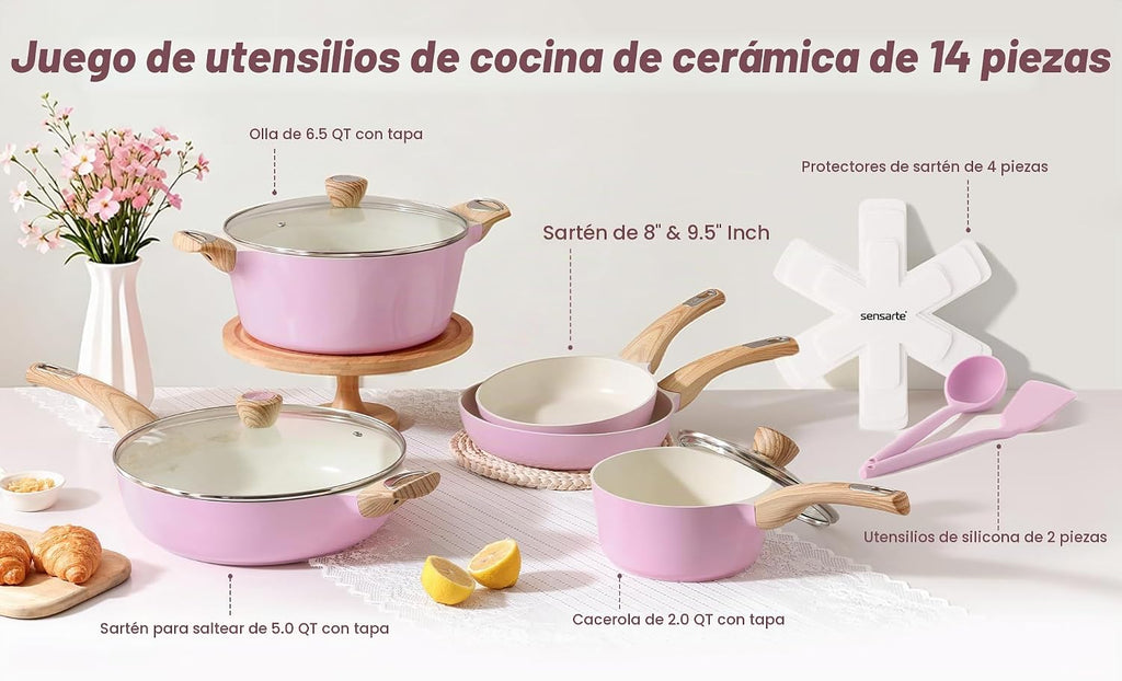SENSARTE Juego de ollas y sartenes de cerámica antiadherentes, jueg...