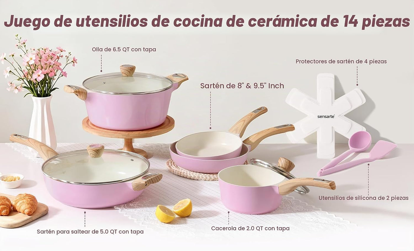 SENSARTE Juego de ollas y sartenes de cerámica antiadherentes, jueg...