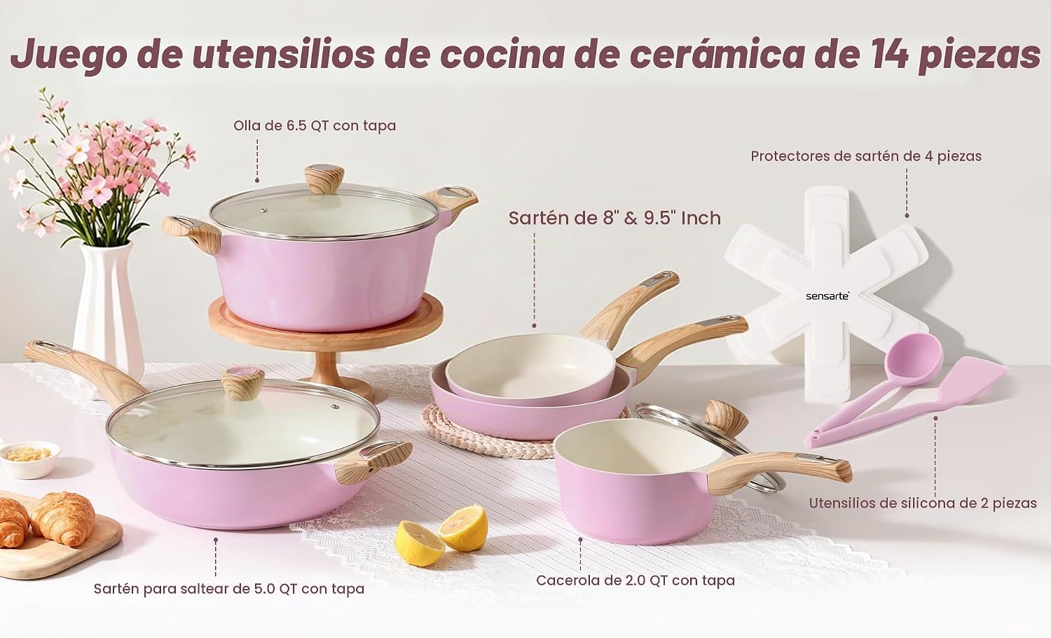 SENSARTE Juego de ollas y sartenes de cerámica antiadherentes, jueg...