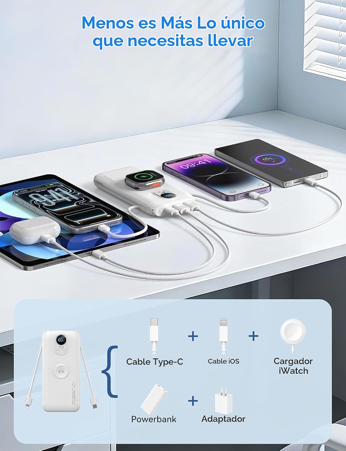 Cargador portátil Power Bank 10000mAh PD20W con cables incorporados...