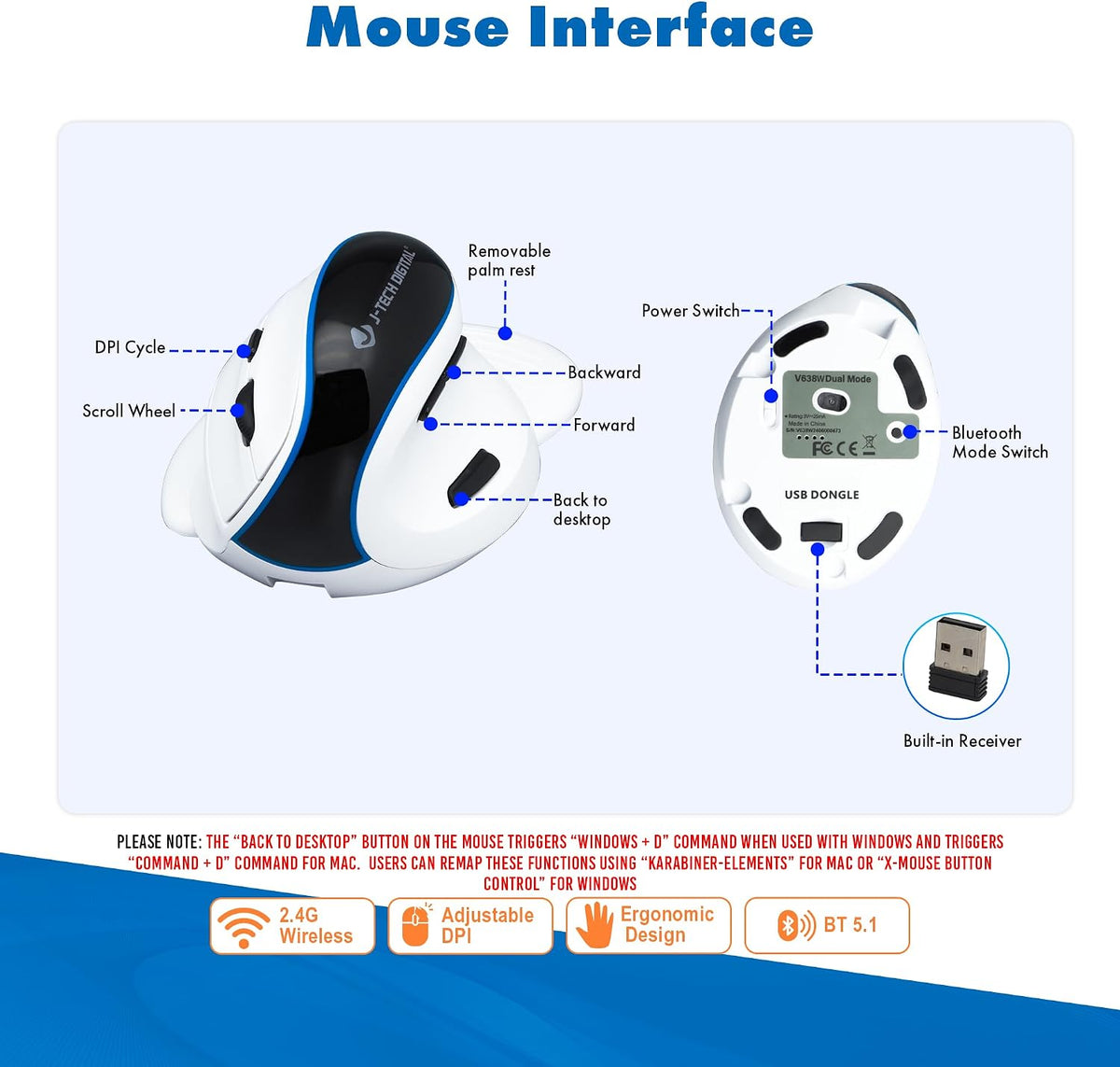 J-Tech Digital Ratón inalámbrico, mouse ergonómico vertical con mod...