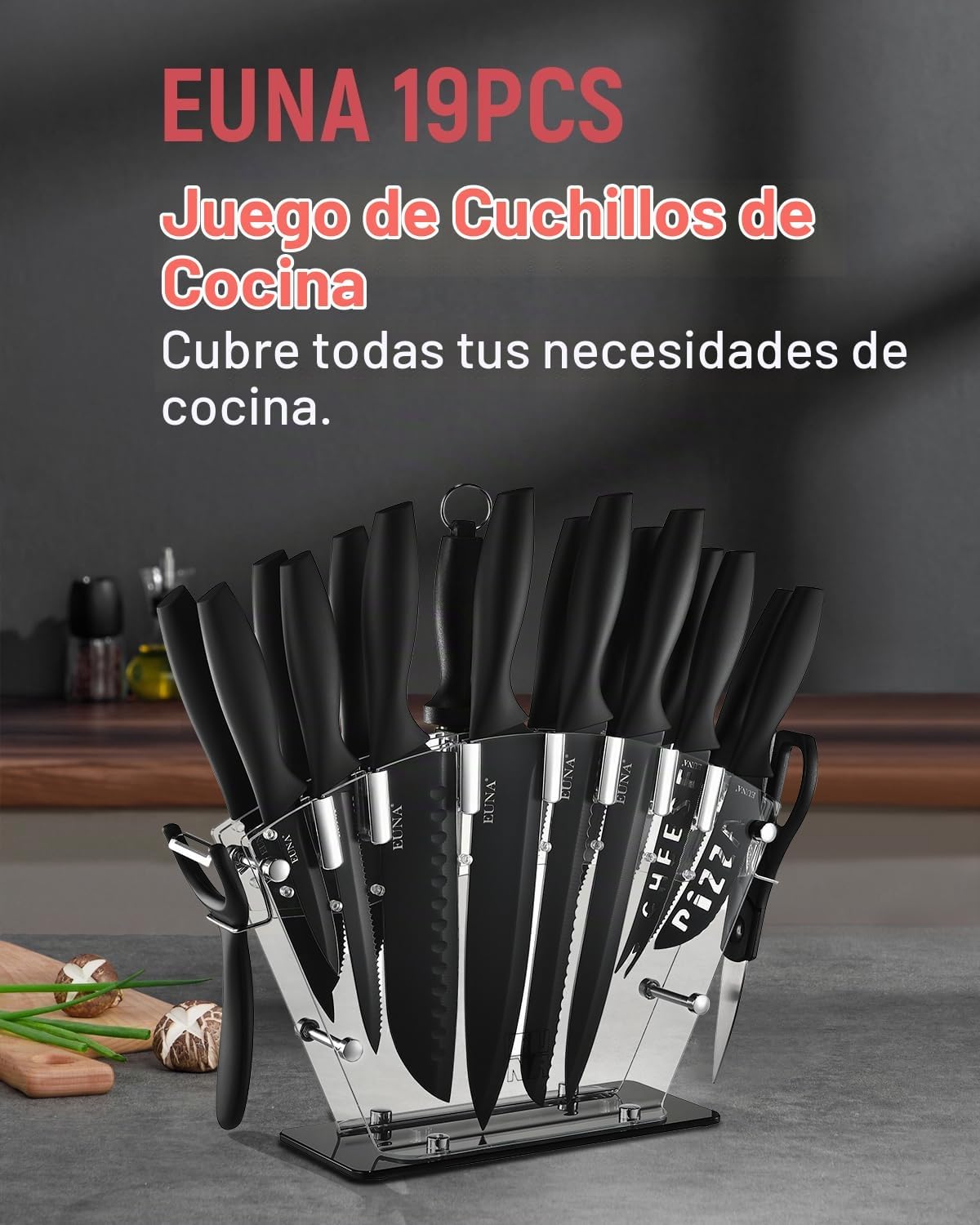 EUNA Juego de cuchillos de cocina, 19 piezas, juego de cuchillos ne...