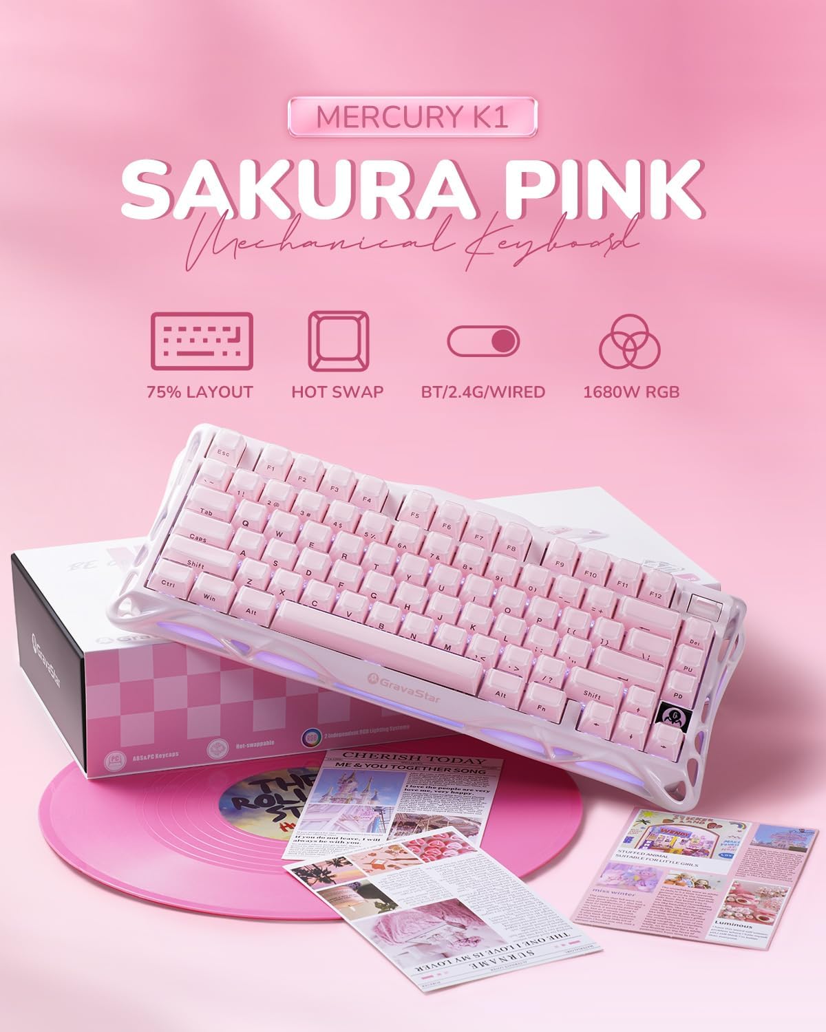 GravaStar Mercury K1 75% Teclado mecánico inalámbrico para juegos,...