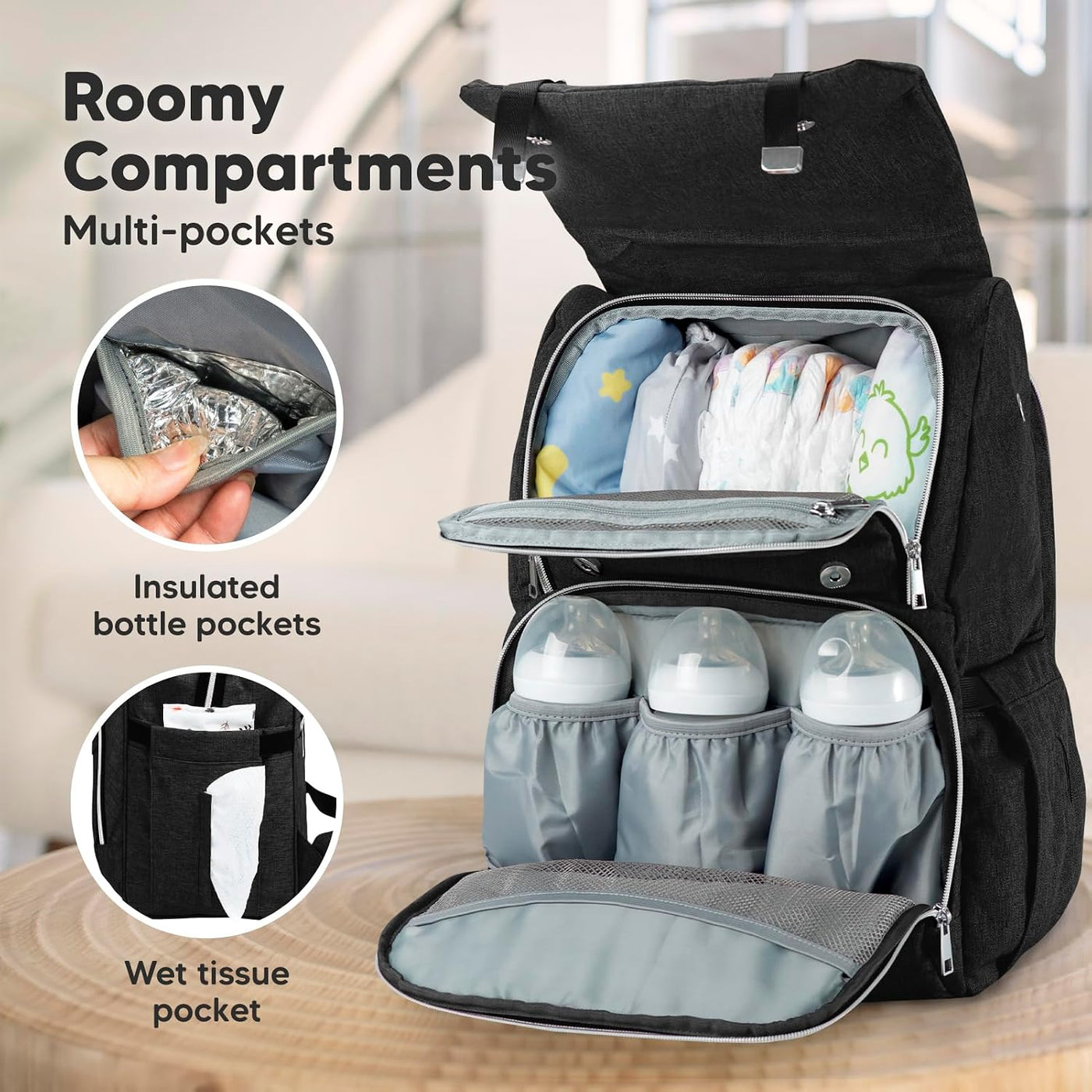 KeaBabies Mochila para pañales para bebé con cambiador, grande (neg...