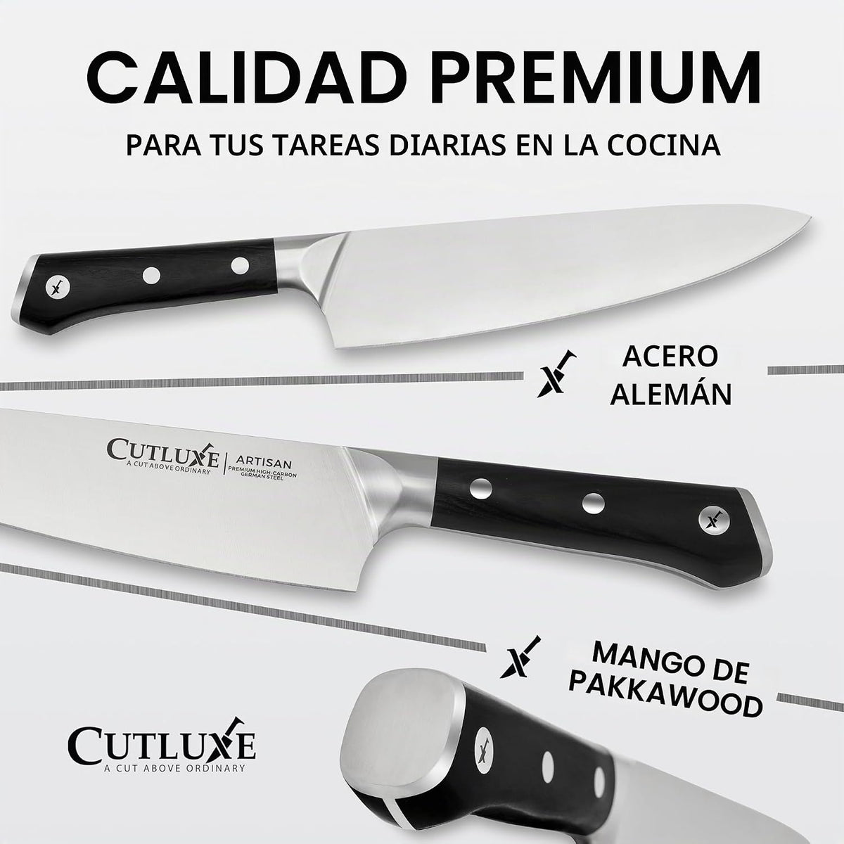 Cutluxe - Juego de 15 cuchillos \u2013 Bloque de madera de goma de...