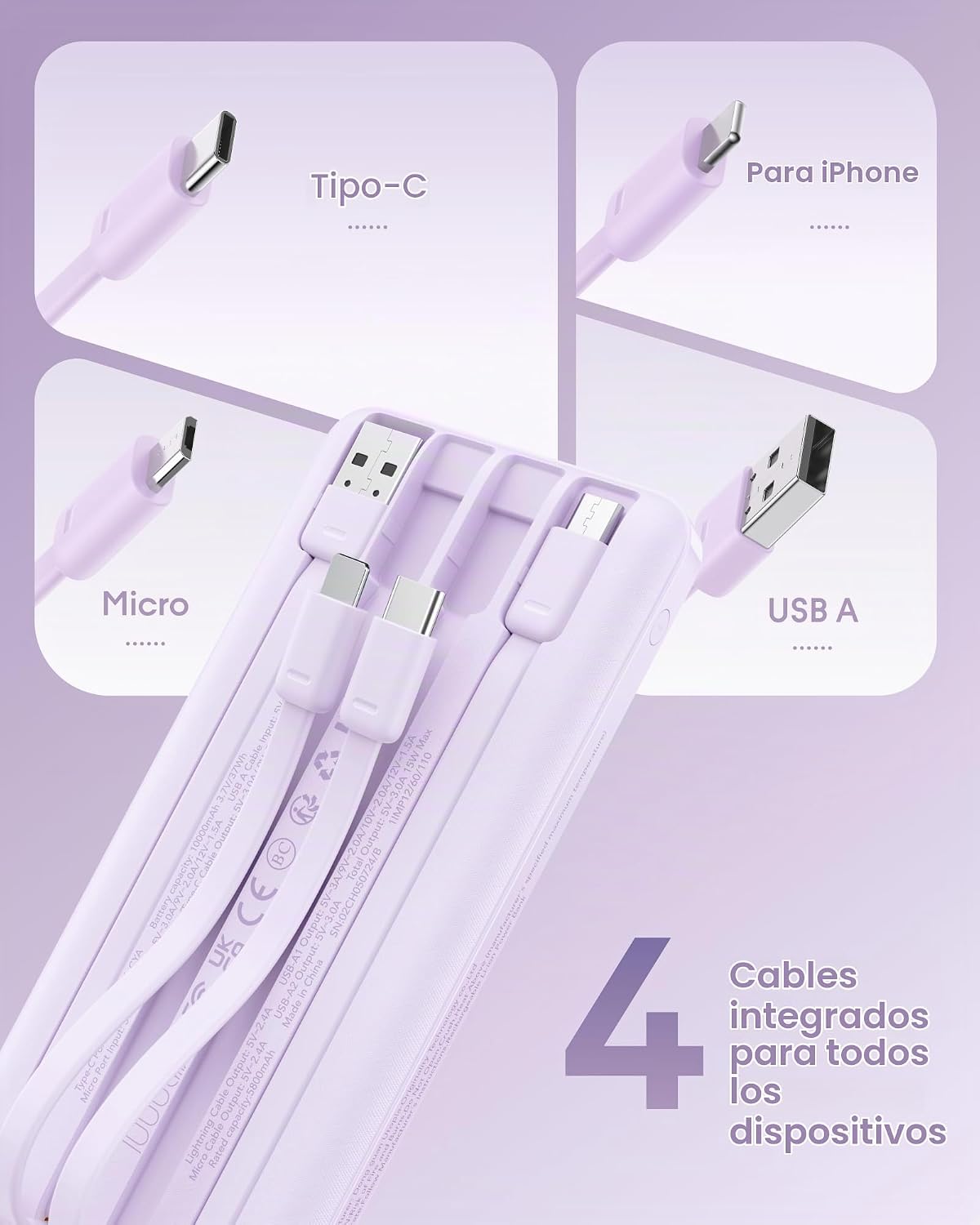 charmast Cargador portátil de carga rápida, 4 cables incorporados,...