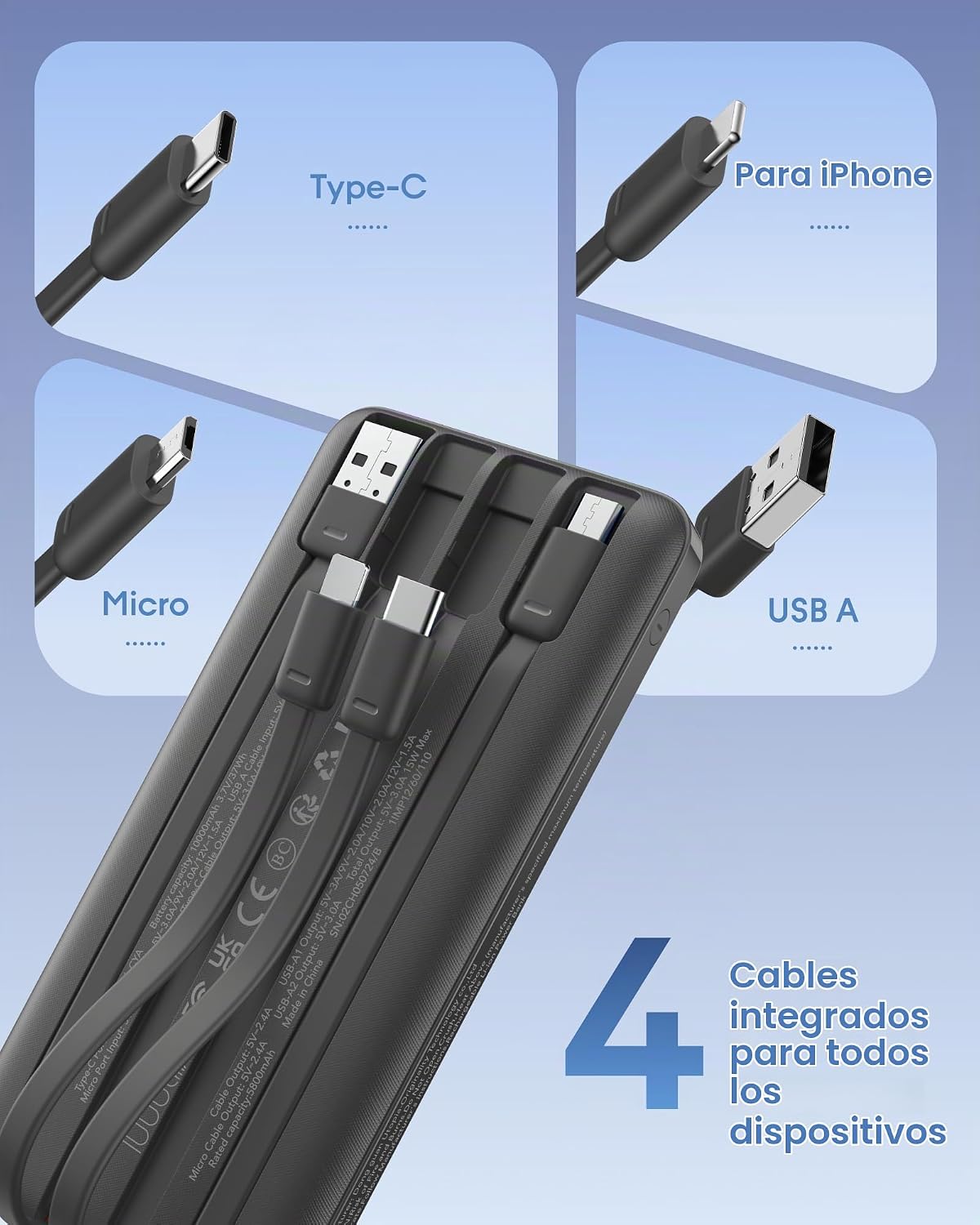 charmast Cargador portátil de carga rápida, 4 cables incorporados,...