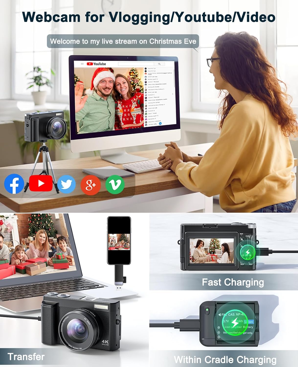 Cámara digital 4K para fotografía y video, cámara de videoblogs de...