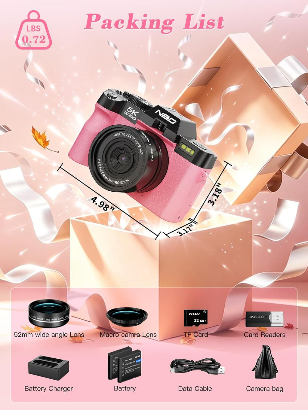 Cámara digital True 5K 64MP para fotografía (rosa intenso) | Enfoqu...