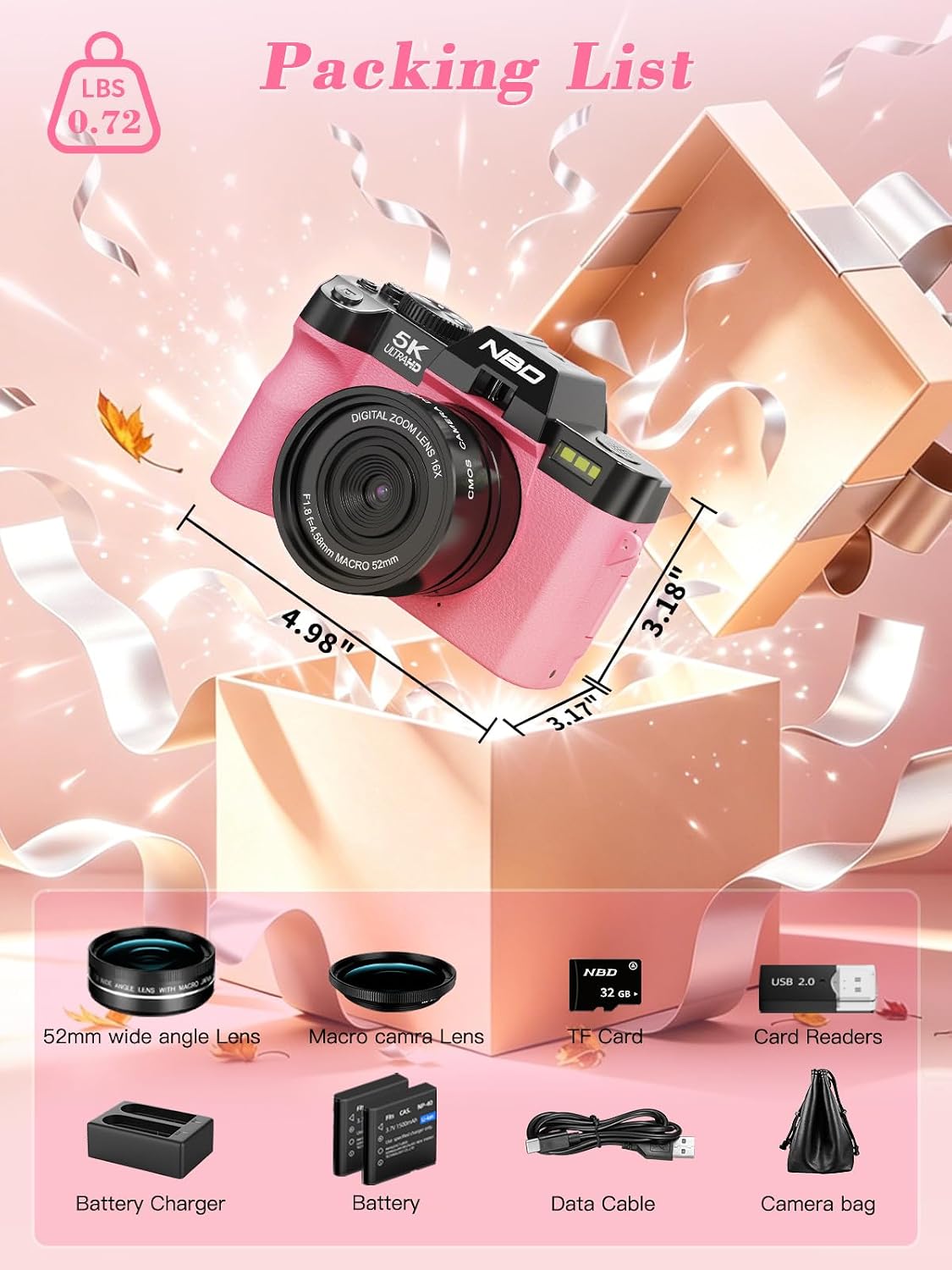 Cámara digital True 5K 64MP para fotografía (rosa intenso) | Enfoqu...