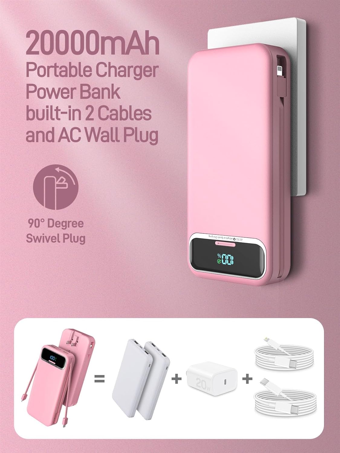 Nusyddy Cargador portátil 20000mAh de carga rápida w\/incorporado e...
