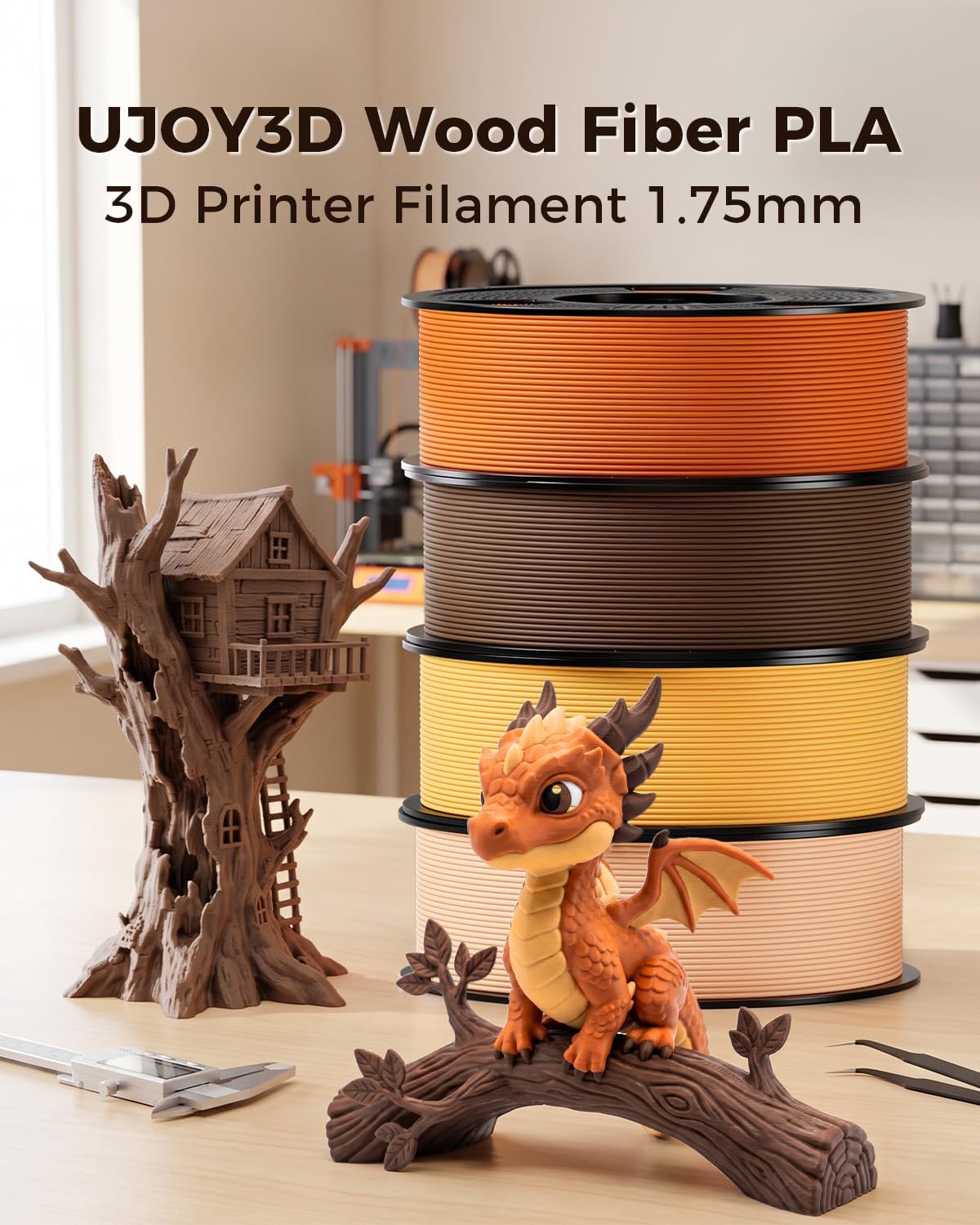 UJOY3D Filamento PLA de fibra de madera, 2.2 lbs, marrón terracota...