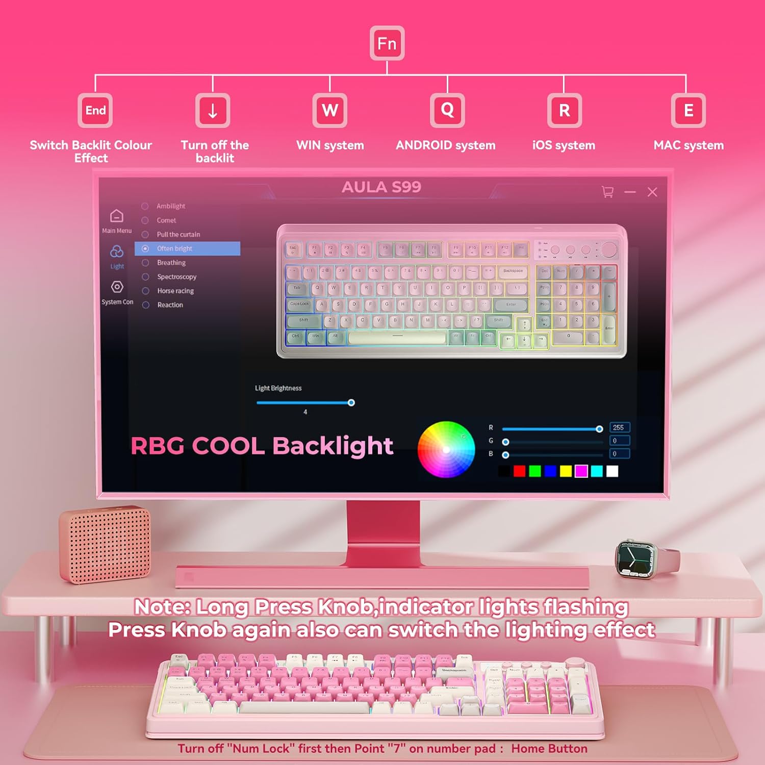 Teclado AULA de 99 teclas, teclado inalámbrico rosa para juegos, co...