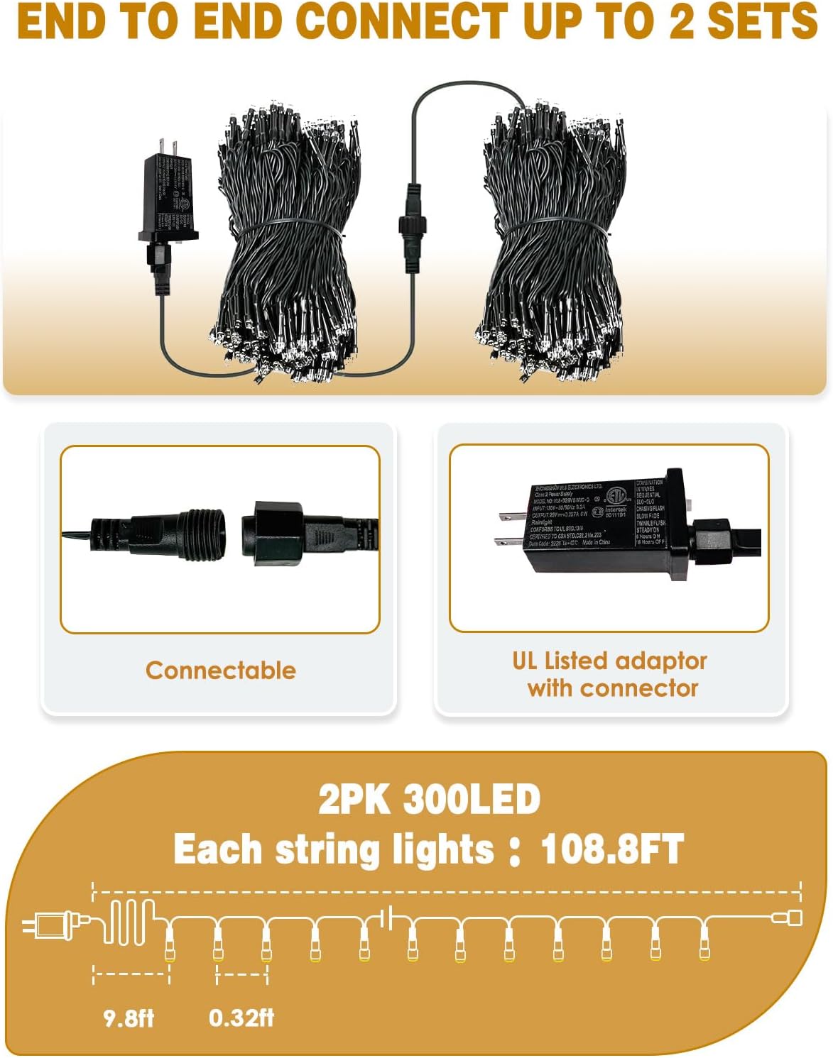 Paquete de 2 tiras extensibles de 600 luces LED de Navidad para int...