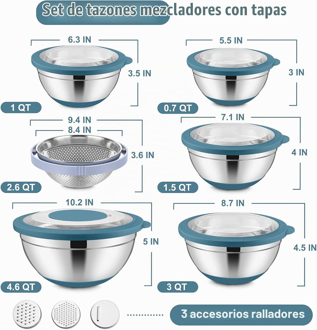 E-far Juego de tazones para mezclar con tapas, 15 piezas de tazones...