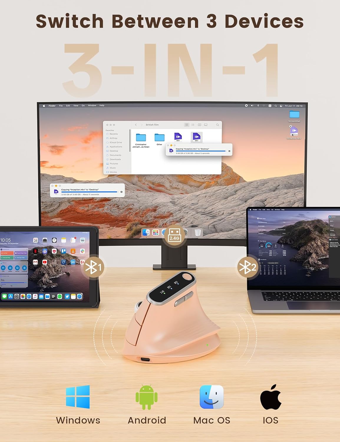 SABLUTE MAM4 - Mouse vertical ergonómico para manos M\/L, 8K DPI, d...