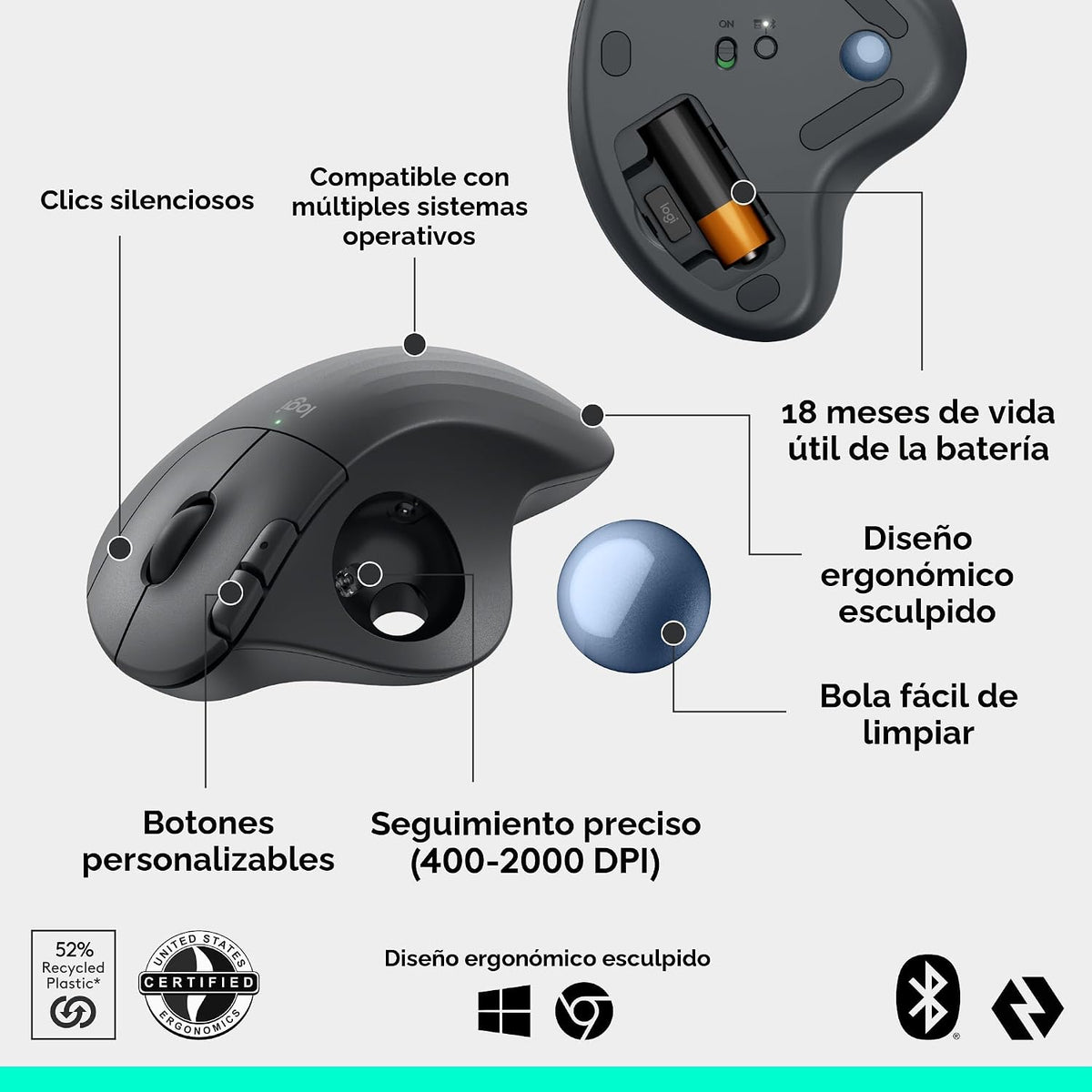 Logitech Ergo M575S Ratón inalámbrico Bluetooth Trackball - Bola Az...