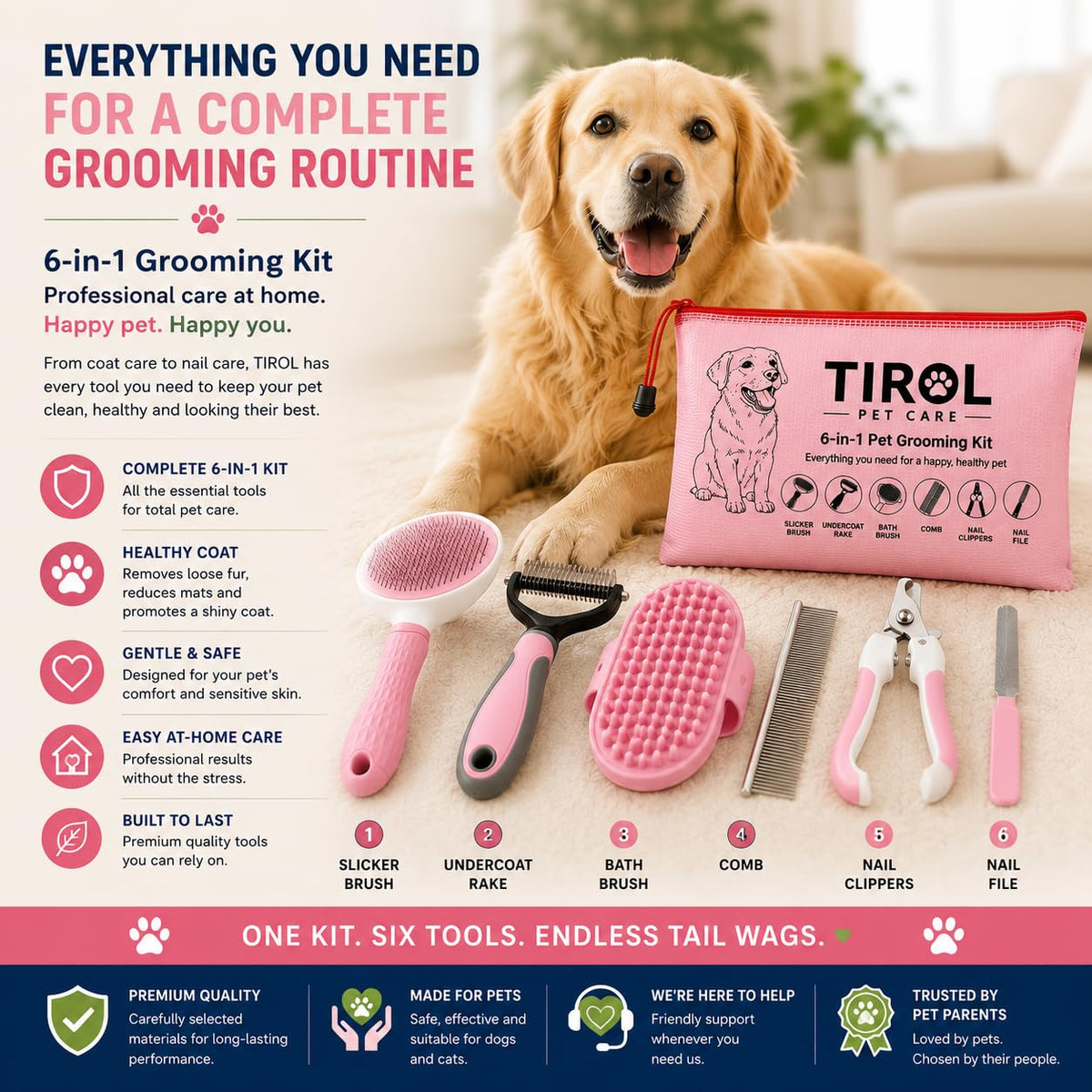 TIROL Pet Care - Kit de aseo 6 en 1 para perros y gatos, rastrillo...