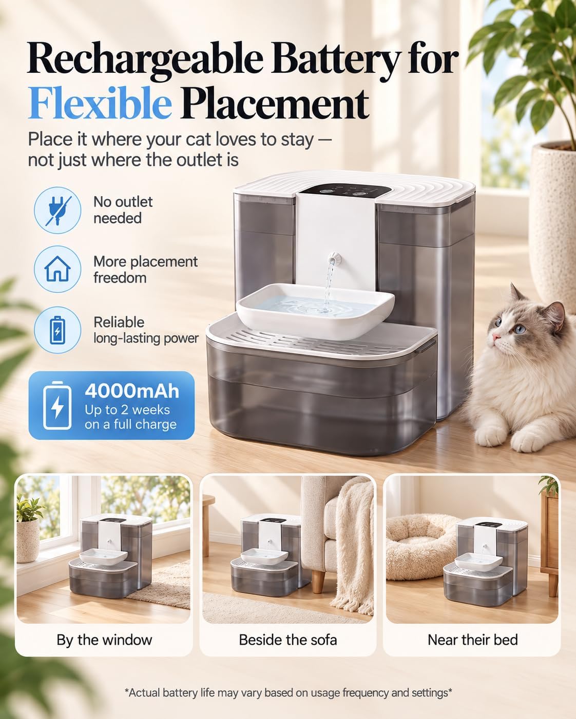 Fuente de agua para gatos, separación de agua fresca y usada, no ne...