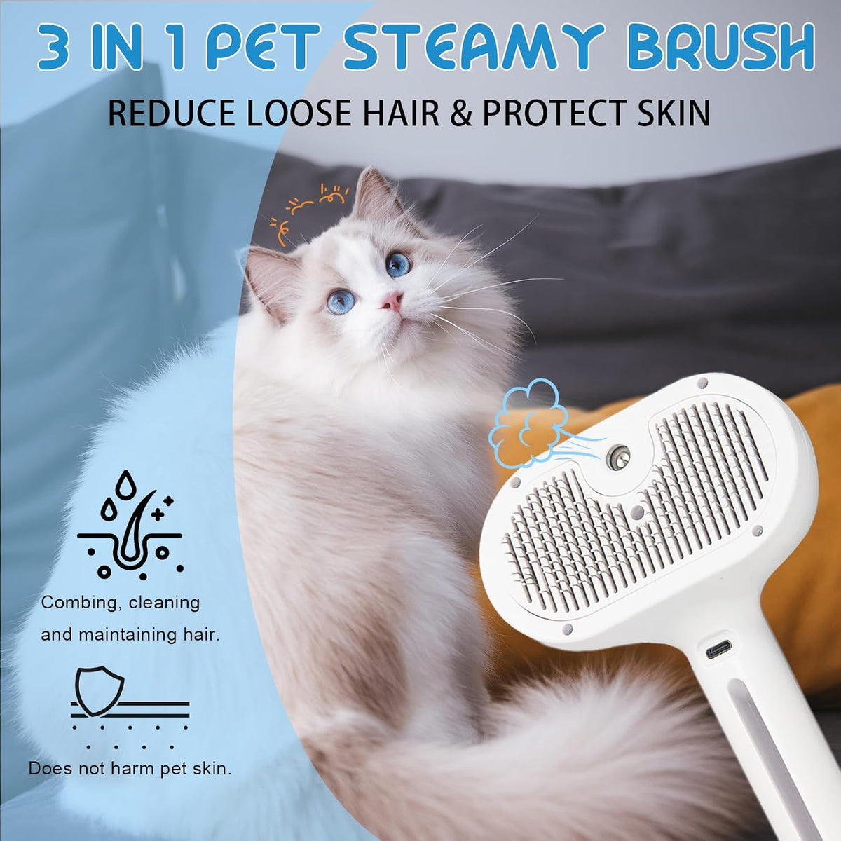 Cepillo de vapor para mascotas para gatos y perros, peine autolimpi...