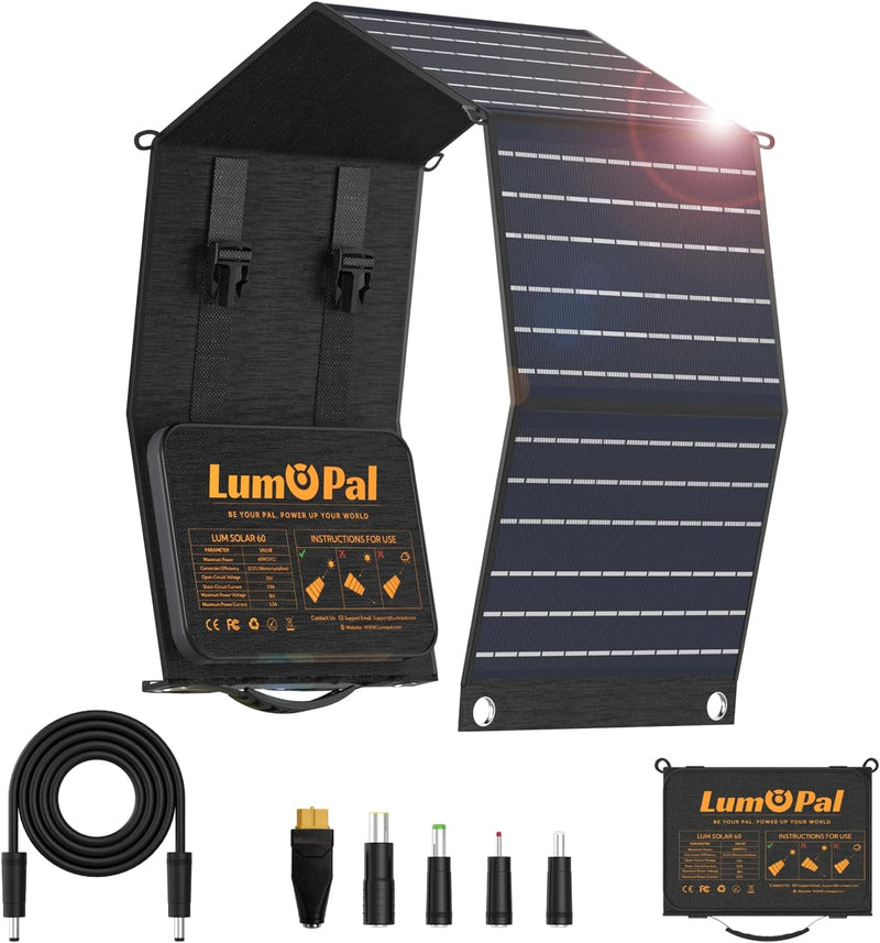 Panel solar portátil, LUMOPAL 60W plegable paneles solares cargador...