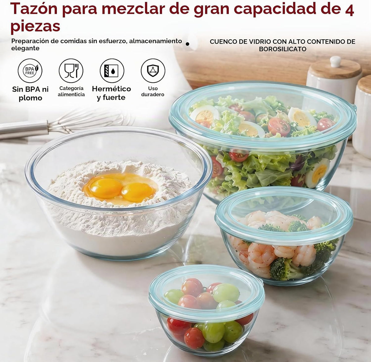 YUANYE Juego de 4 cuencos de vidrio para mezclar con tapas (3 cuart...