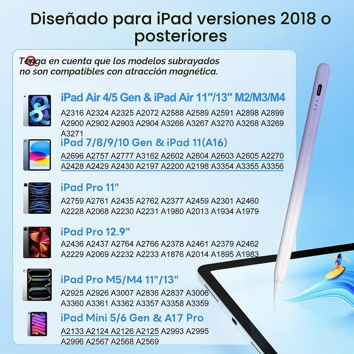 Lápiz óptico para Apple iPad 2018-2026 iPad Pencil para A16\/11\/10...
