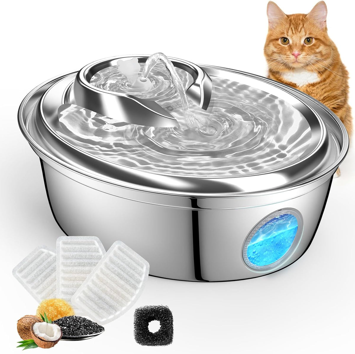 ORSDA Fuente de agua para gatos de acero inoxidable, fuente automát...