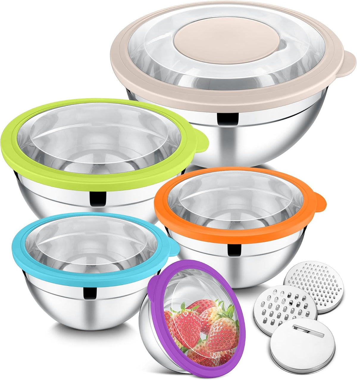 E-far - Juego de cuencos para mezclar con tapas de 5 piezas, cuenco...
