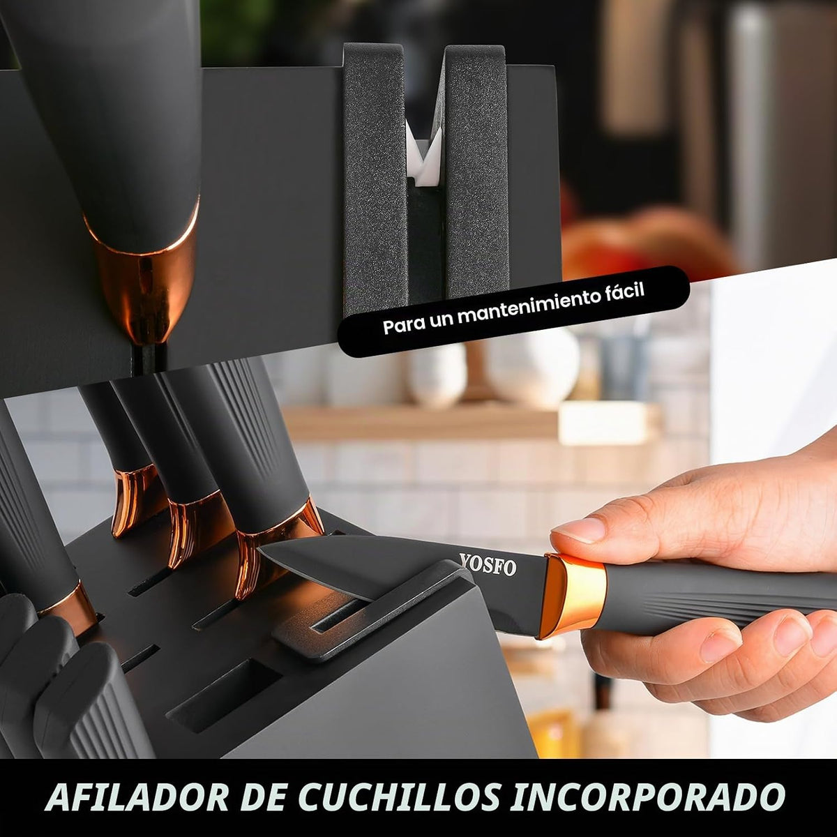 YOSFO - Juego de cuchillos de cocina, 15 piezas con bloque y afilad...
