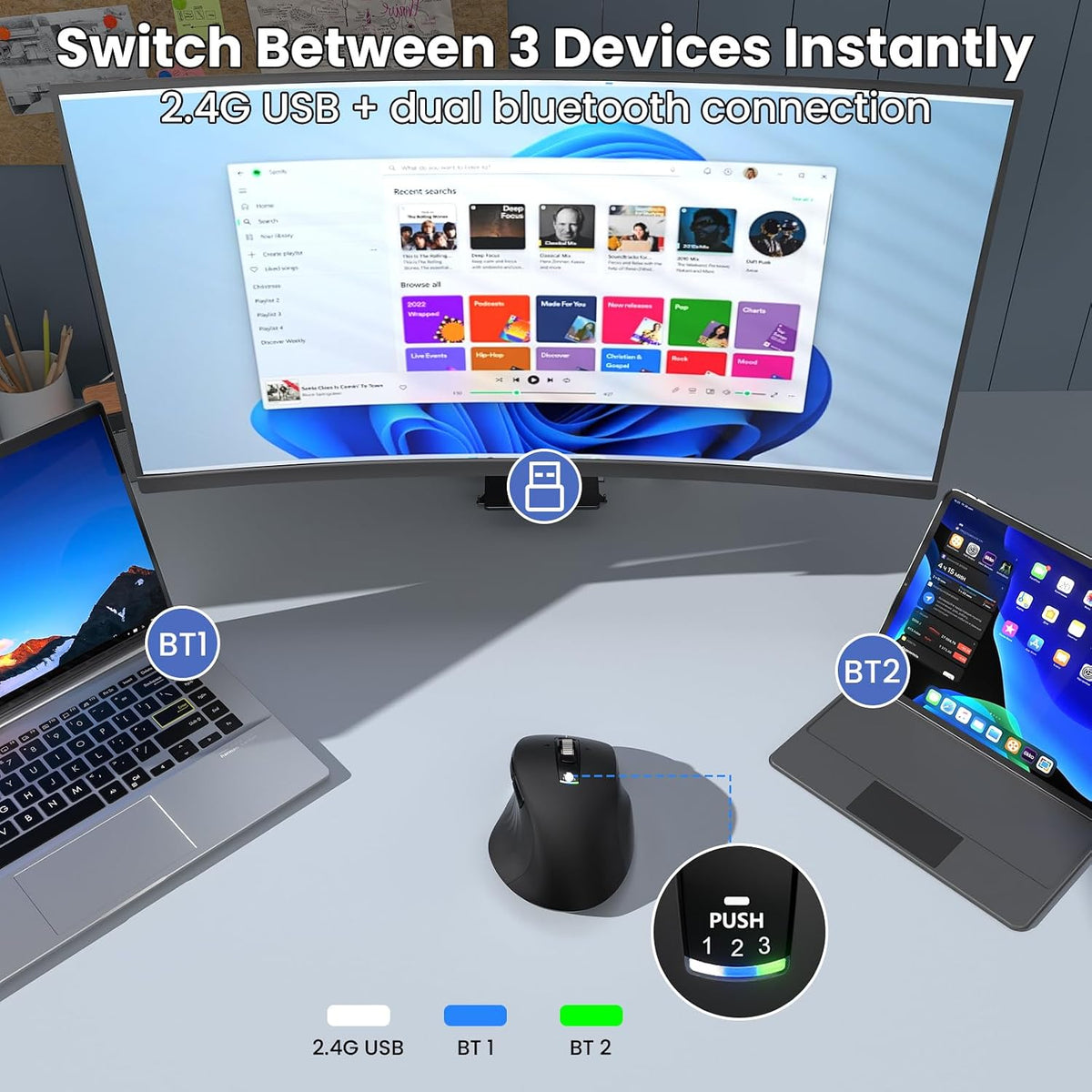 Ratón Bluetooth inalámbrico, mouse ergonómico multidispositivo con...