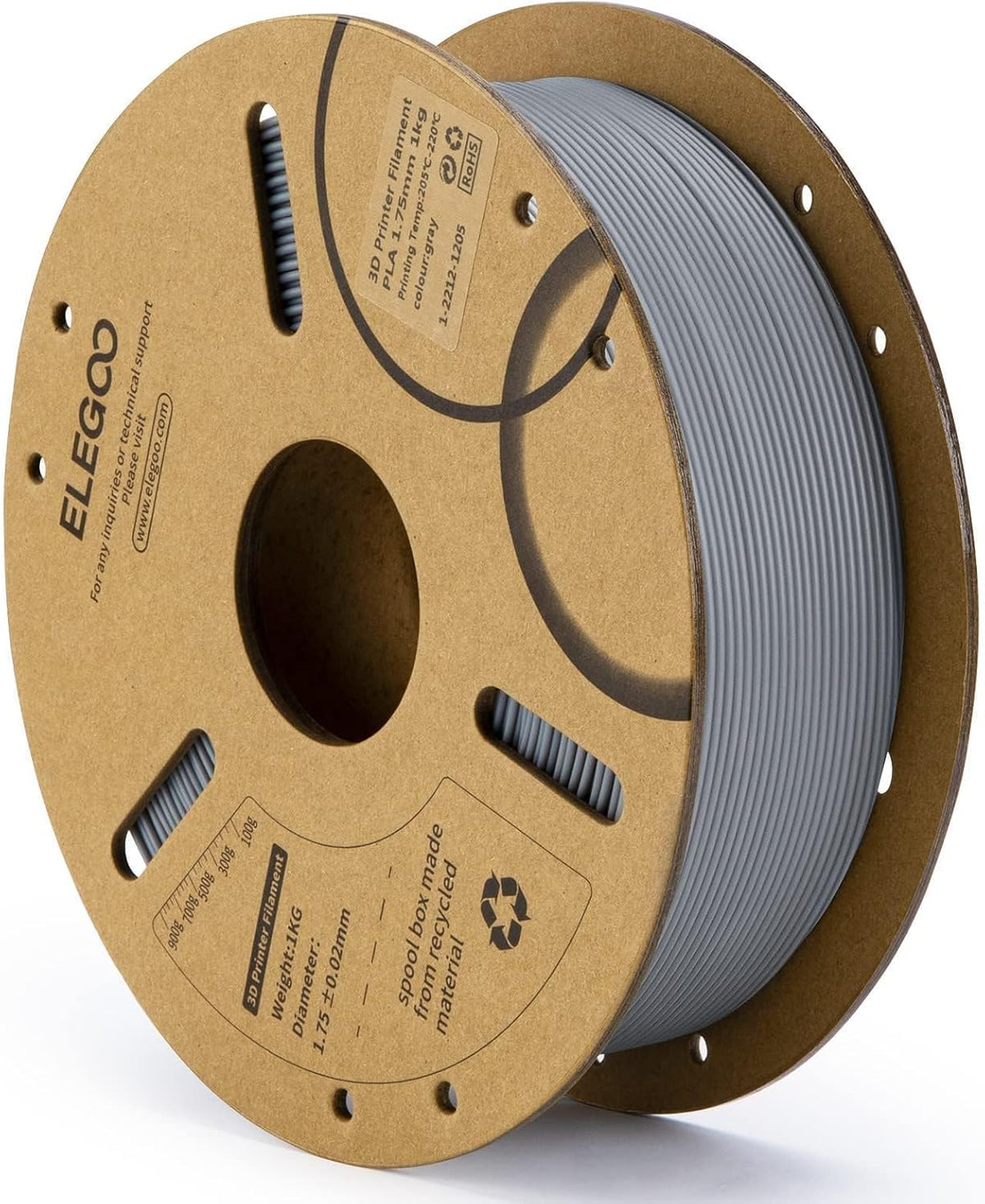 ELEGOO - Filamento PLA de 1.75 mm gris 1 KG, filamento para impreso...