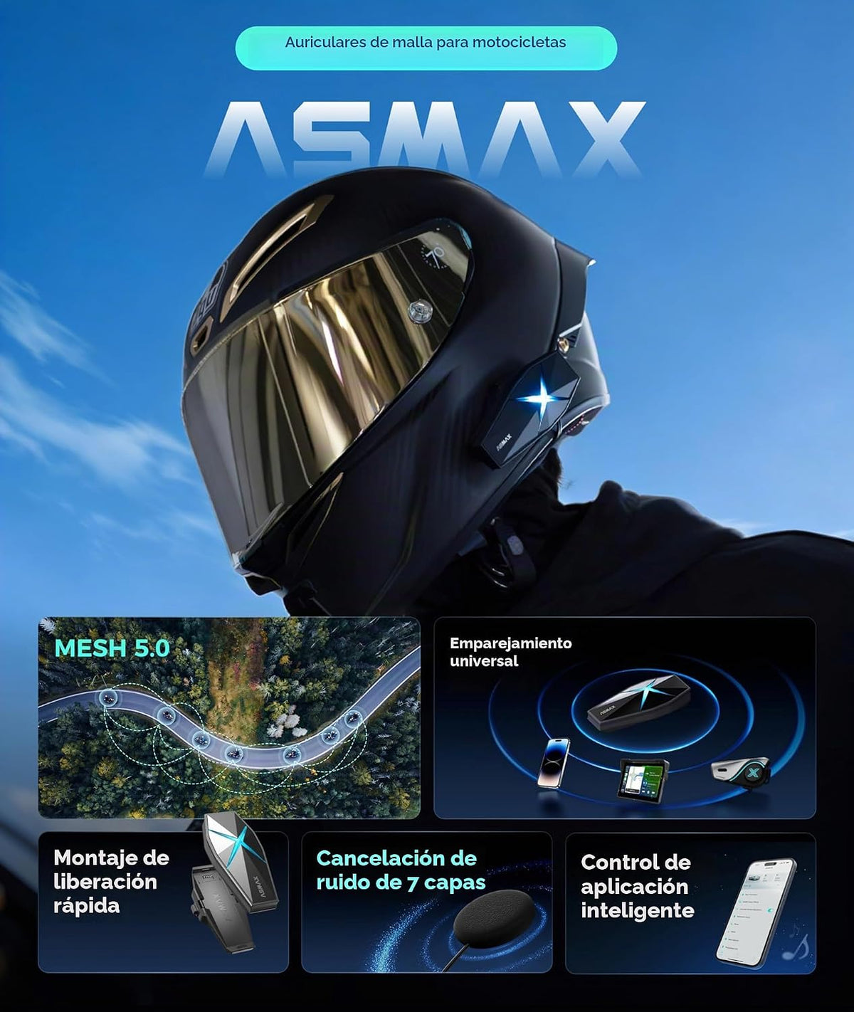 ASMAX F1s - Auriculares Bluetooth para motocicleta con control de v...