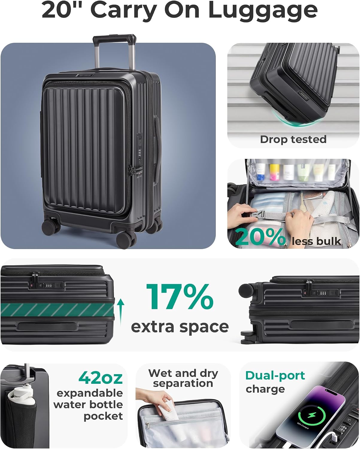 BAGSMART Equipaje de mano de apertura superior 22x14x9 aprobado por...