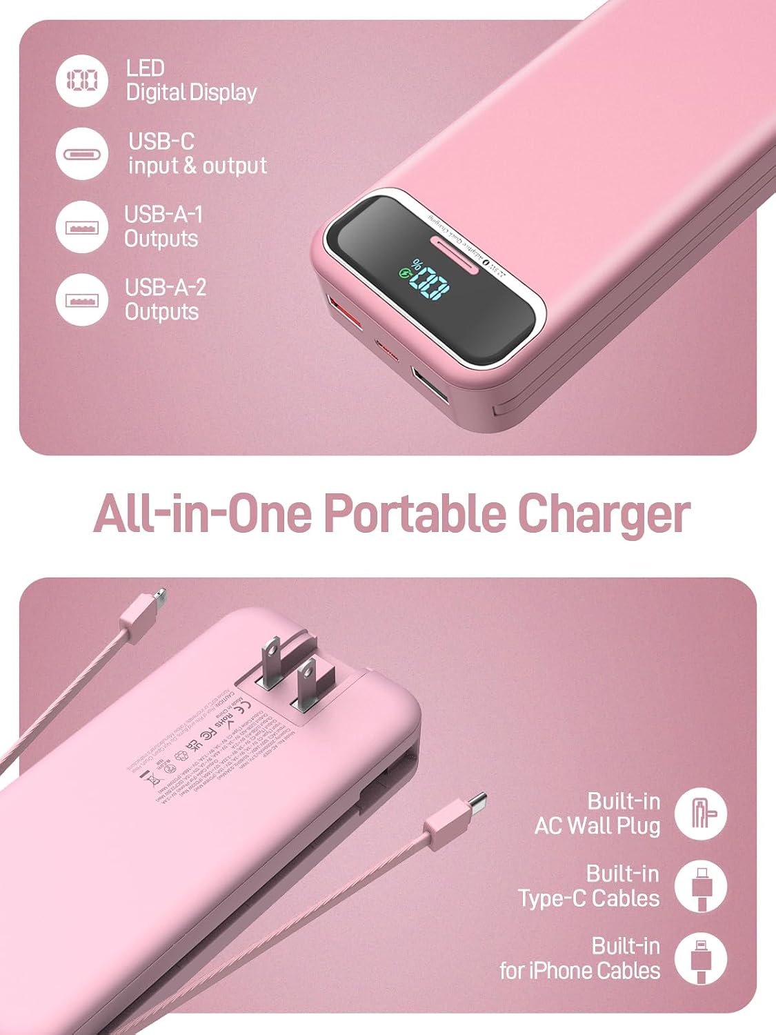 Nusyddy Cargador portátil 20000mAh de carga rápida w\/incorporado e...