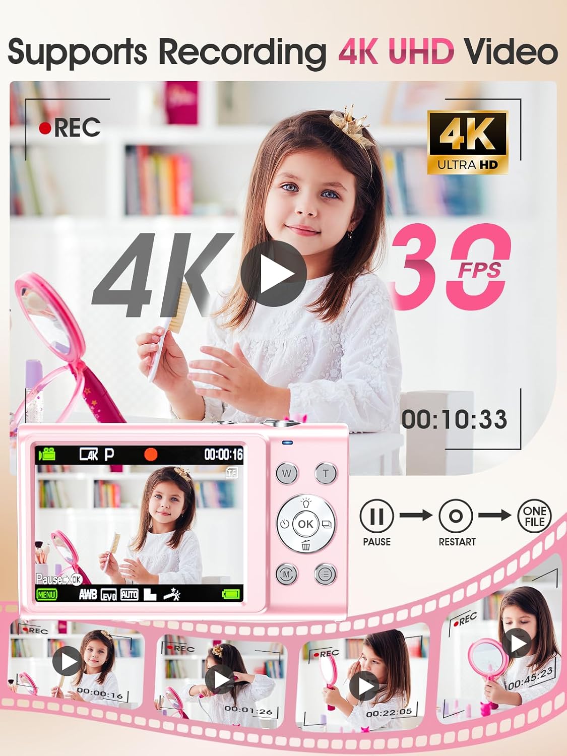 Cámara digital, cámara de videoblogs 4K con enfoque automático para...