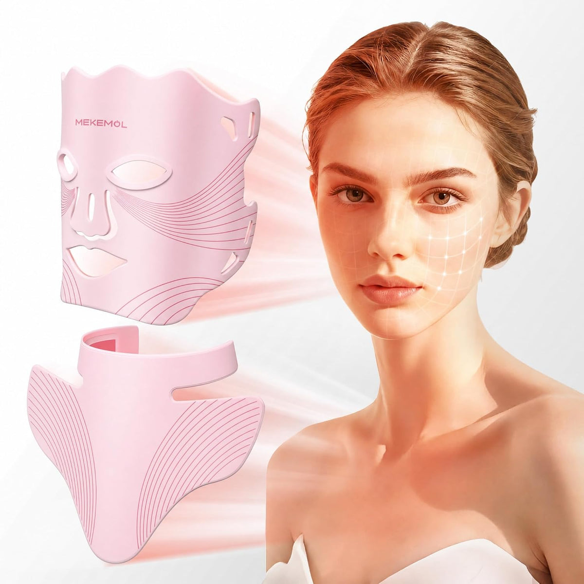 MEKEMOL Máscara de luz roja para cara y cuello con protección ocula...